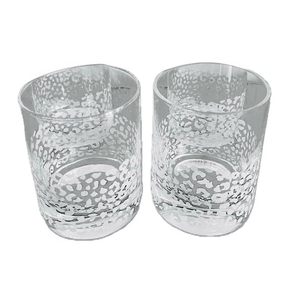 RARE Neiman Marcus Clear Etched Safari Leopard Double Old Fashion Glass Set of 2 - Picture 3 of 11